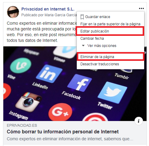 Borrar datos de internet - Facebook