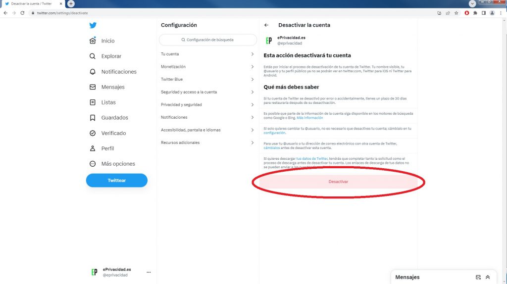 Cómo desactivar y eliminar tu cuenta de Twitter en dos pasos